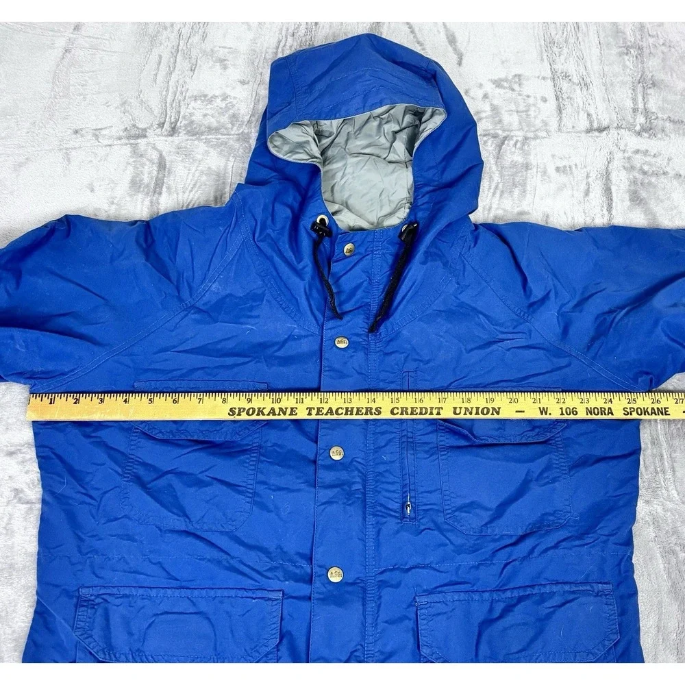 Vintage REI Mens Hooded Nylon Jacket Blue Full‎ Zip Snap Front Outdoor Coat L